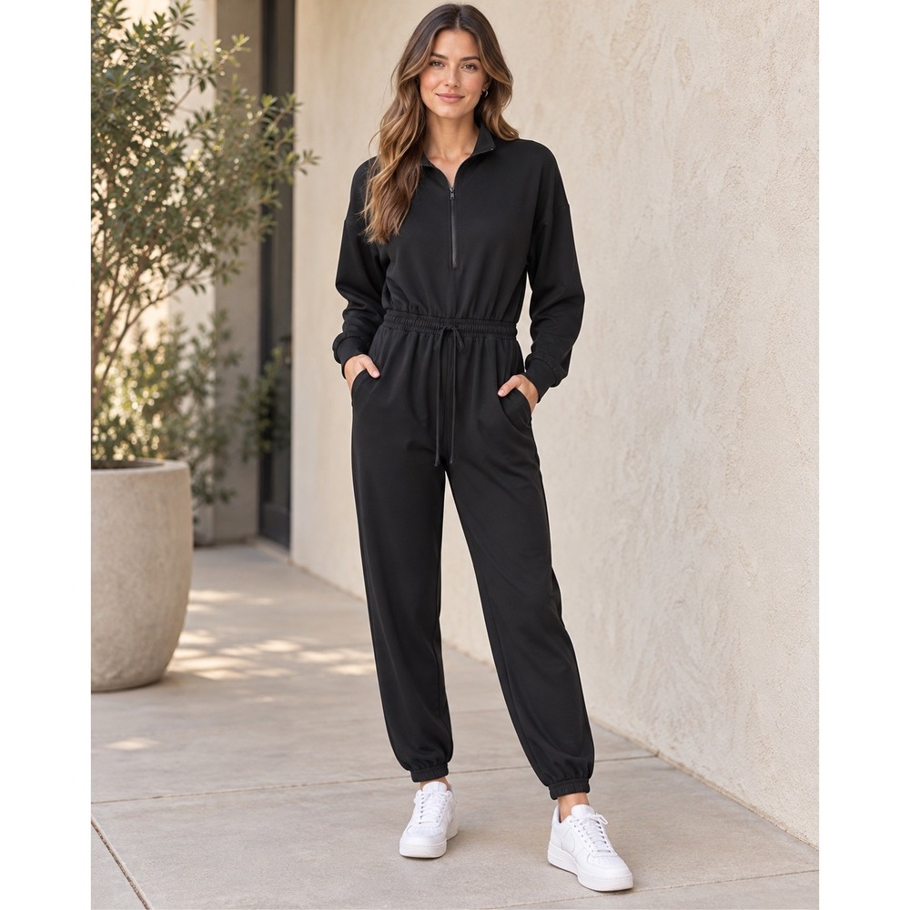Francesca's Black Long Sleeve Jumpsuit Small Quarter Zip Drawstring Waist Jogger
